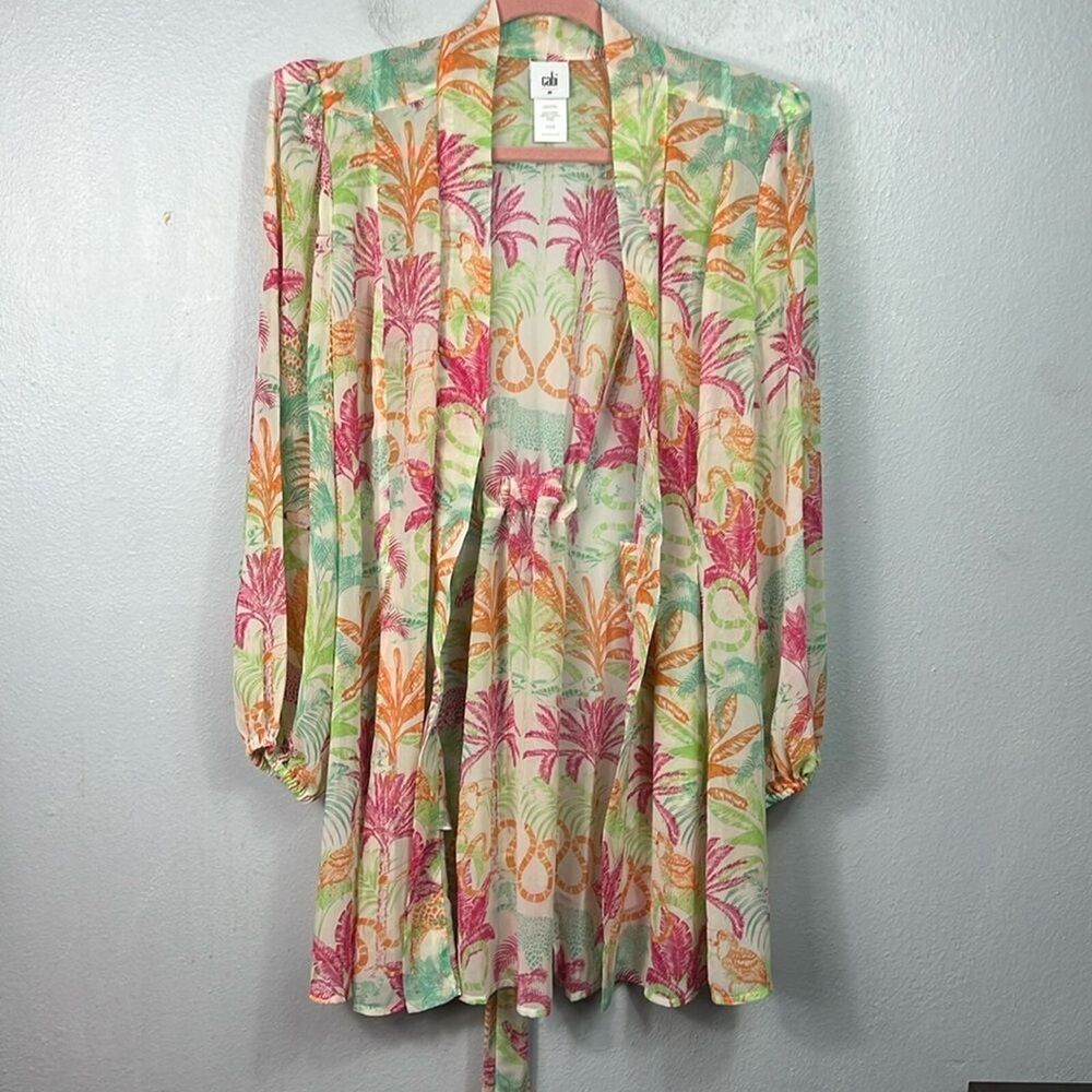 Cabi Sunset Tropical Jungle Print Sheer Open Front Long Sleeve Kimono Small